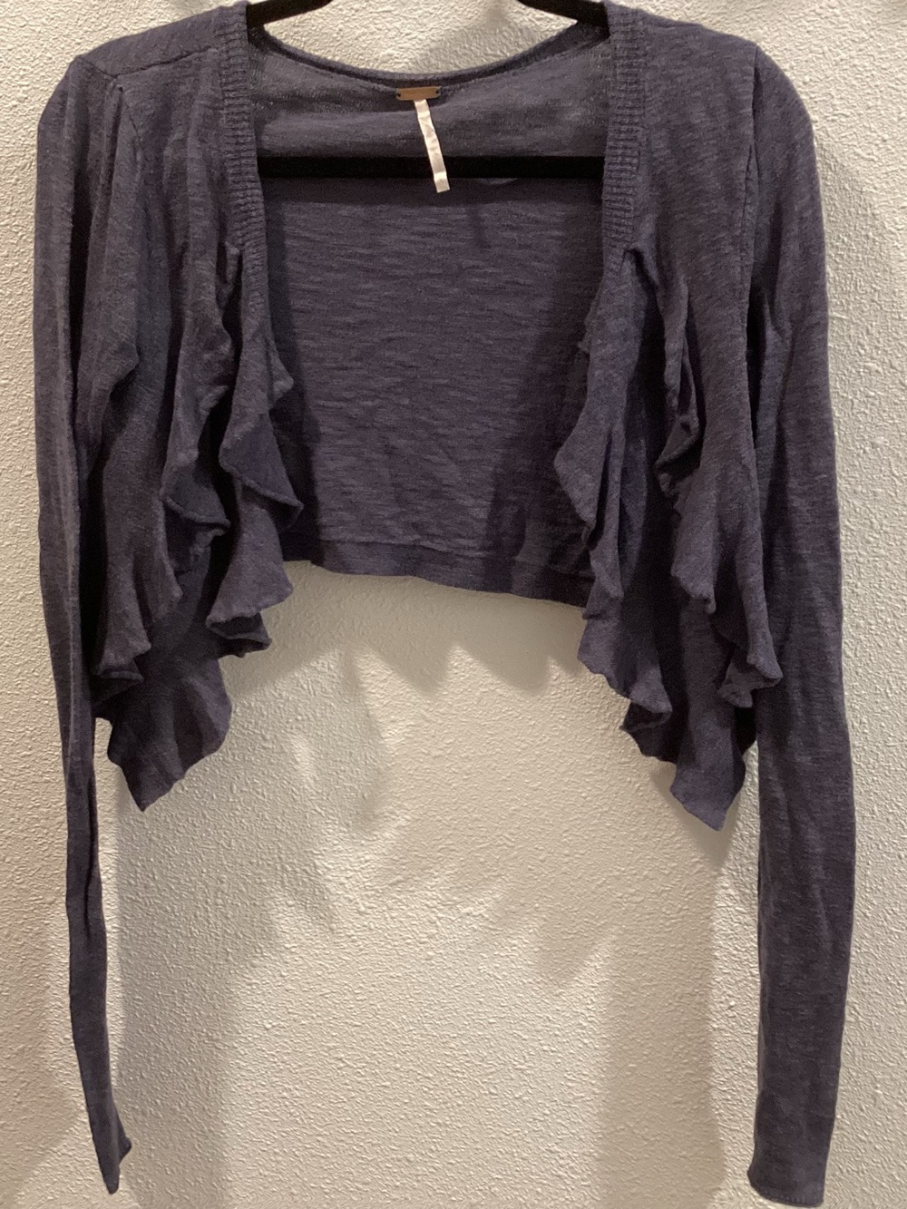 Free people navy blue cropped sweater with front ruffles